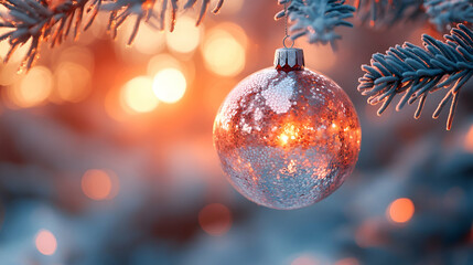 A beautifully lit Christmas ornament hangs delicately on a frost-covered tree branch, capturing the warm glow of holiday lights in the background.