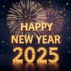 Shimmering Golden Fireworks Happy New Year 2025 Background