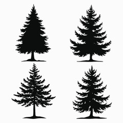 four black silhouettes of different types of trees