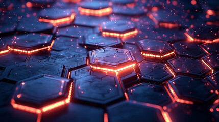 Obraz premium Illustration cybernétique futuriste de motifs de nid d'abeille avec néons lumineux et textures métalliques