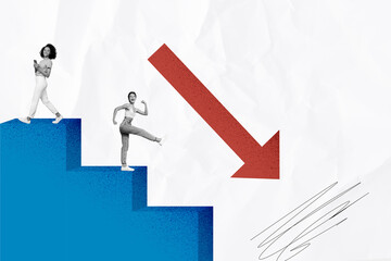 Creative trend collage of arrow point together two worker women stairs down bankrupt worker banker...