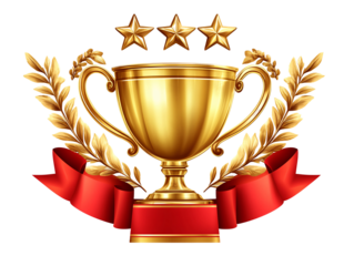 a gold trophy with red ribbon and stars