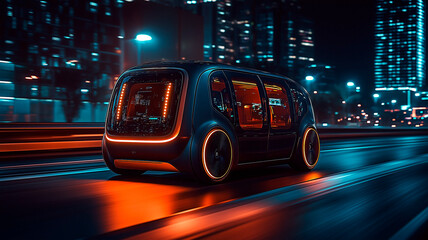 Autonomous electric vehicle driving through neon city. Futuristic self-driving car on illuminated urban road.