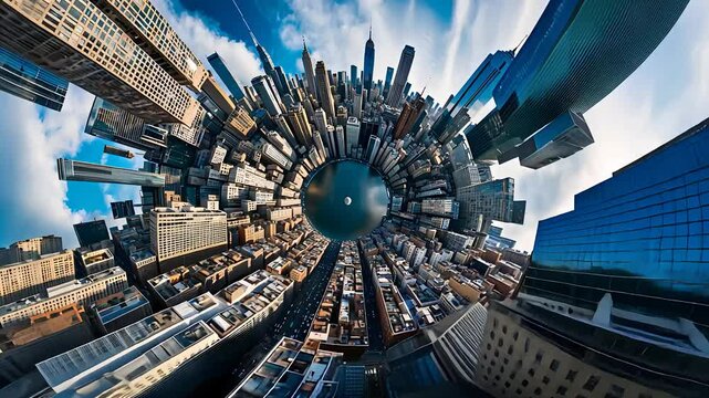Tiny Planet Cityscape with Circular View of Skyscrapers