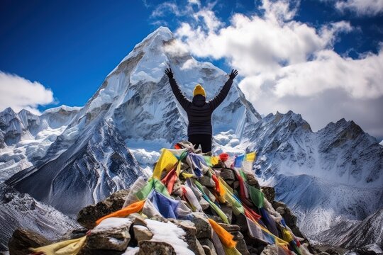 Thai woman hiking mount everest outdoors nature.