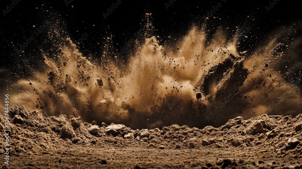 Poster dynamic explosion of dust in dark background