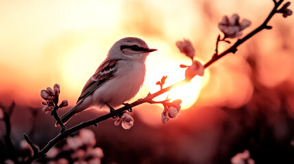 Fototapeta premium A small bird perches on a branch with blossoms, silhouetted against a vibrant sunset.