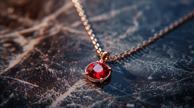 Ruby pendant necklace on a polished marble surface. - Powered by Adobe
