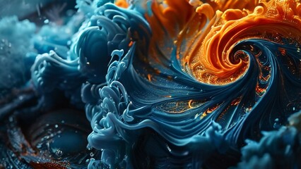 Surreal fusion of swirling blue and orange liquid creating a dynamic texture and vibrant surface. AI generative.