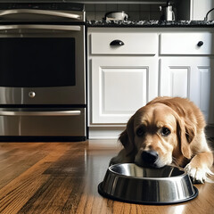 A sad dog in front of an empty food bowl waiting to be fed