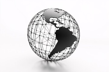 Black and White 3D Globe Illustration with Wireframe Design: Global Connectivity and Network