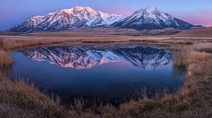 A snow-capped mountain range reflected in a still pond at sunrise, with golden grasses in the foreground.