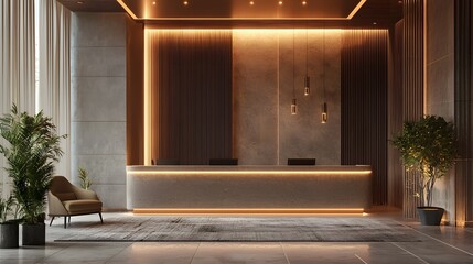 Sophisticated Hotel Reception 3D Visualization with Modern Design and Soft, Warm Lighting