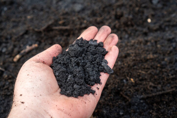 Nahaufnahme von Pflanzenkohle (Biochar) zur Bodenverbesserung im Garten und in der Landwirtschaft
