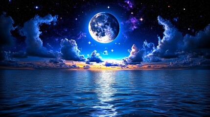Full Moon Night Sky Over Calm Ocean Water Dreamy Landscape Photography