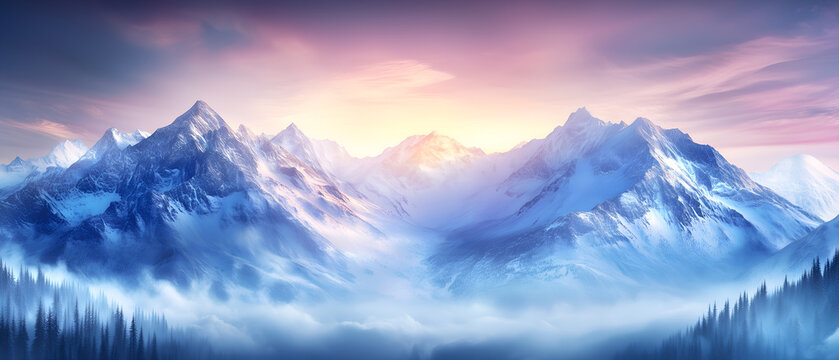 winter landscape with fresh, cold air; freezed view of sunset, mountains peaks & vale; copy space
