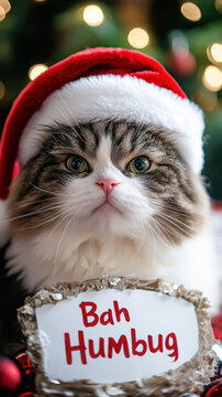 Grumpy cat with santa hat and bah humbug sign for christmas humor