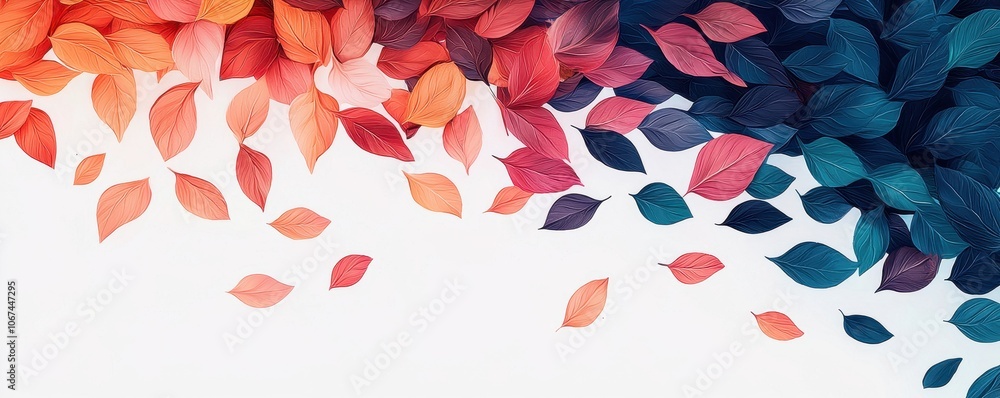 Poster a vibrant array of autumn leaves floats on a white background, showcasing a blend of colors from ora