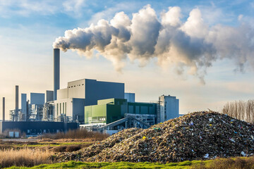 Industrial plant emitting smoke near a waste pile at sunset