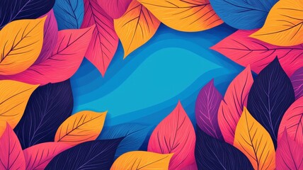 A vibrant background featuring colorful leaves in shades of pink, orange, and dark purple, surrounding a central blue area.