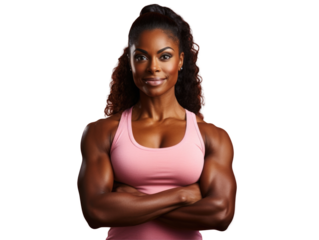 Fitnes woman shows biceps  on transparent background