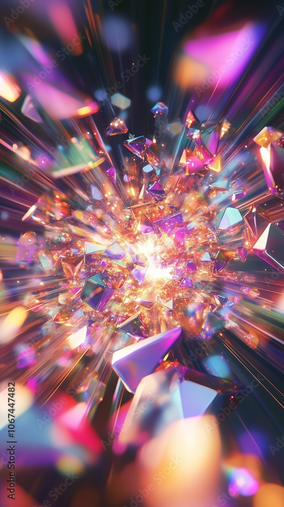 Poster a vibrant explosion of colorful crystals creating a dynamic display of light and energy in a dark ba