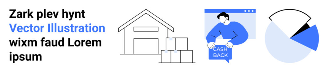 Warehouse line drawing with boxes, man holding cash back sign, pie chart. Ideal for e-commerce, logistics, finance, presentations, web design, marketing, app development. Landing page