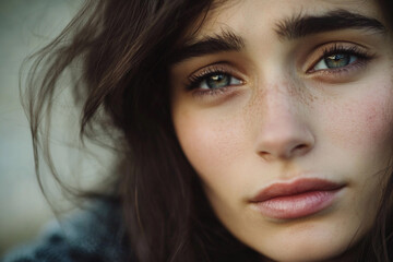 Portrait of a young woman with striking green eyes outdoors
