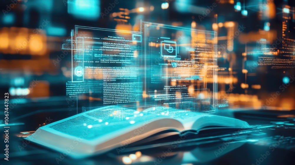Poster digital book with floating data and graphics
