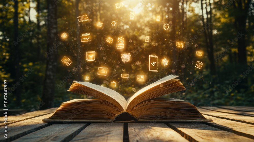 Poster magical book with floating icons in nature