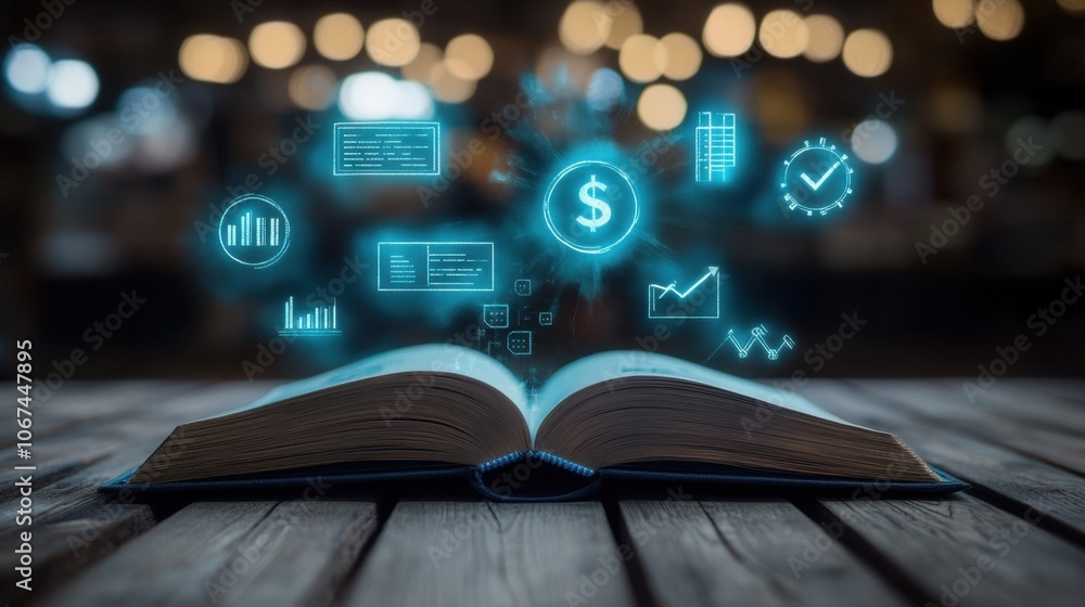 Poster open book with business data visualization graphics