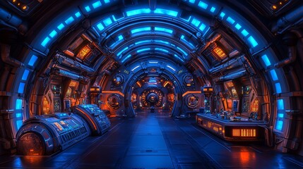 Fototapeta premium Explore the futuristic design of a high-tech space corridor filled with vibrant blue and orange lighting
