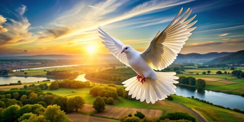 From the sky, a dove of peace takes flight, a symbol of hope.