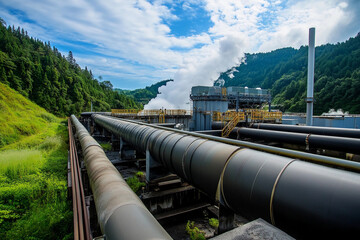 Naklejka premium Modern geothermal power plant with industrial pipes and mountains