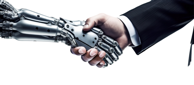 robot hand shakes human businessman hand - Powered by Adobe