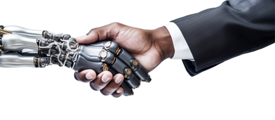 robot hand shakes human businessman hand