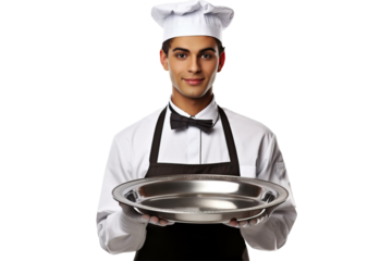 the waiter is holding an empty pan