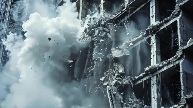 The last remaining wall of a demolished building being brought down by a wrecking ball in a dramatic final blow.