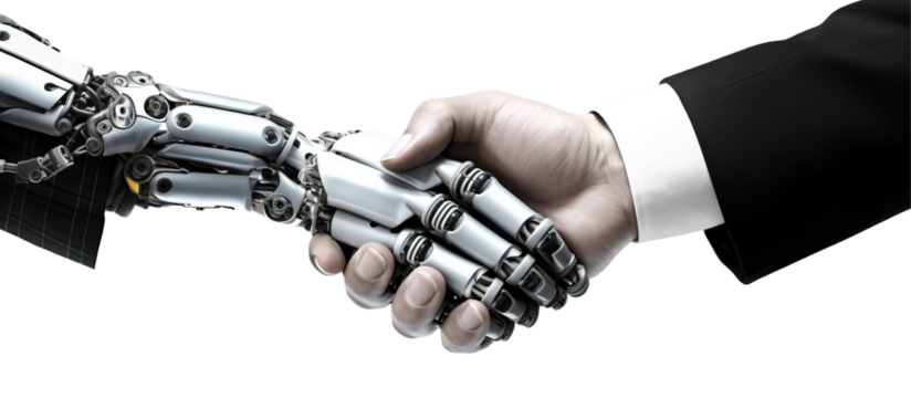 robot hand shakes human businessman hand
