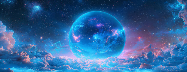 A blue planet covered with clouds and shimmering seas, with bright constellations twinkling in the...