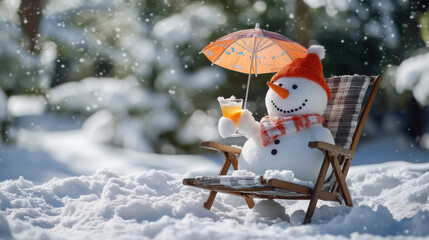 Humorous snowman enjoying a summer vibe with cocktail under an umbrella