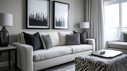 Fototapeta premium Modern Living Room with White Couch and Black and White Decor