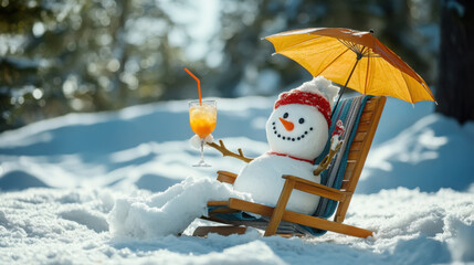 Humorous winter scene: snowman relaxing with cocktail for holiday cheer and design