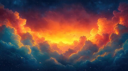 Fototapeta premium vibrant fantasy sunset sky painted with rich gradients of blue orange and yellow creating an ethereal and uplifting atmosphere evoking peaceful summer evenings