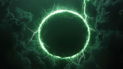 Naklejka premium Green Lightning Circle in Dramatic Cloudy Sky
