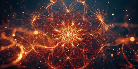 Abstract mandala made from glowing red and gold lines.