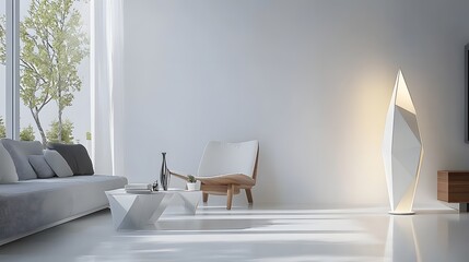 Stylish Geometric Floor Lamp in a Minimalist Living Room Cool White Light Adding a Futuristic Touch