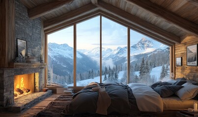 Cozy and rustic interior of a mountain cabin bedroom with a warm fireplace, wood-paneled walls, and a picturesque winter landscape view through the large windows