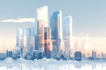 Fototapeta premium Futuristic Glass Skyscrapers Reflecting Blue Skies in Urban Scene 