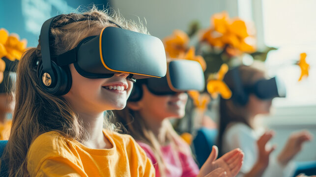 Children in a bright classroom using VR headsets, smiling and learning in an interactive virtual world